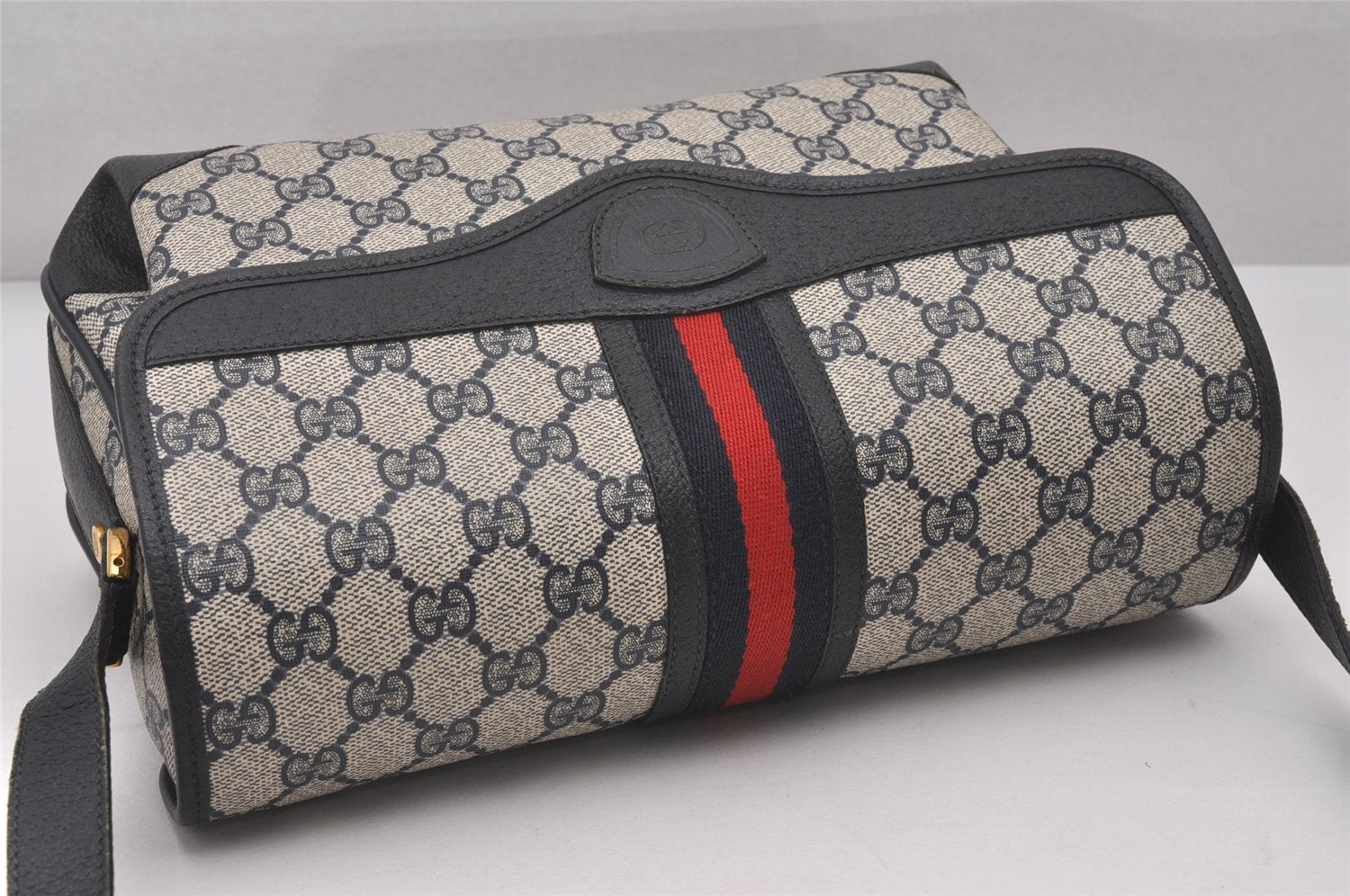 Authentic GUCCI Sherry Line Shoulder Cross Bag GG PVC Leather Navy Blue 3694I