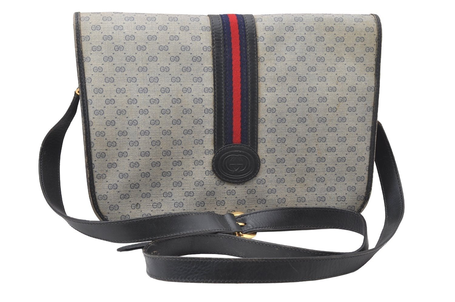 Authentic GUCCI Micro GG PVC Leather Shoulder Cross Body Bag Navy Blue 3696I