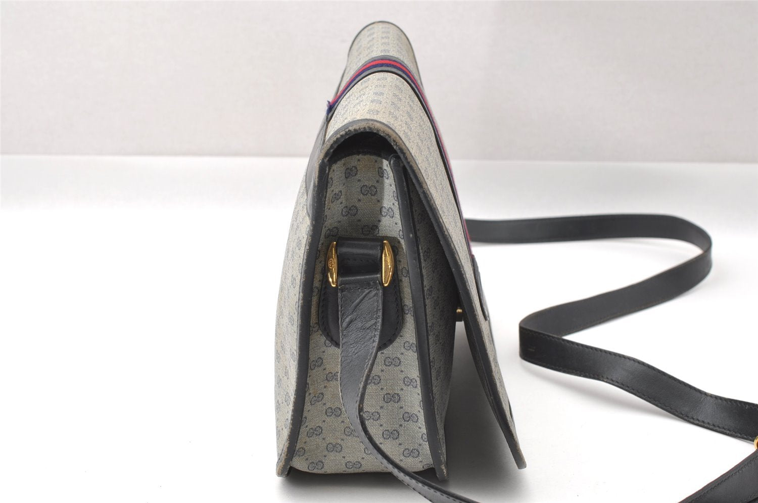 Authentic GUCCI Micro GG PVC Leather Shoulder Cross Body Bag Navy Blue 3696I