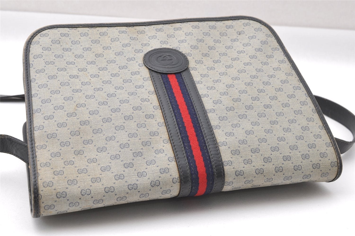 Authentic GUCCI Micro GG PVC Leather Shoulder Cross Body Bag Navy Blue 3696I