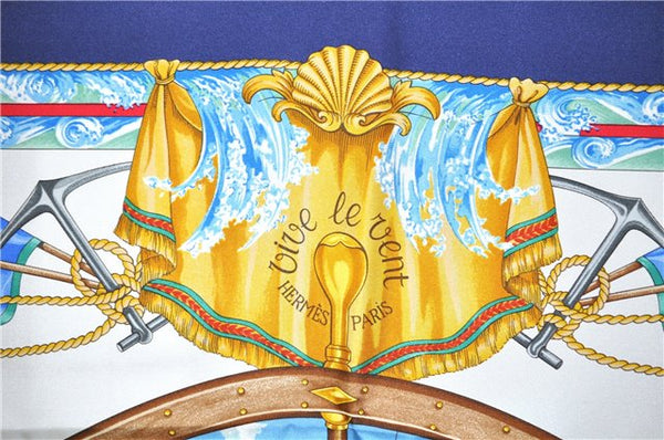 Authentic HERMES Carre 90 Scarf "vive le vent" Silk Blue Box 3698F