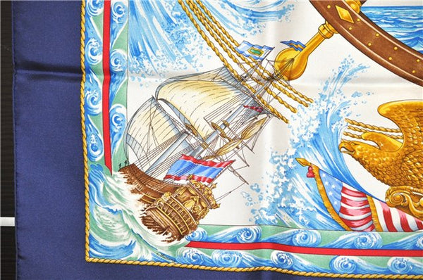 Authentic HERMES Carre 90 Scarf "vive le vent" Silk Blue Box 3698F