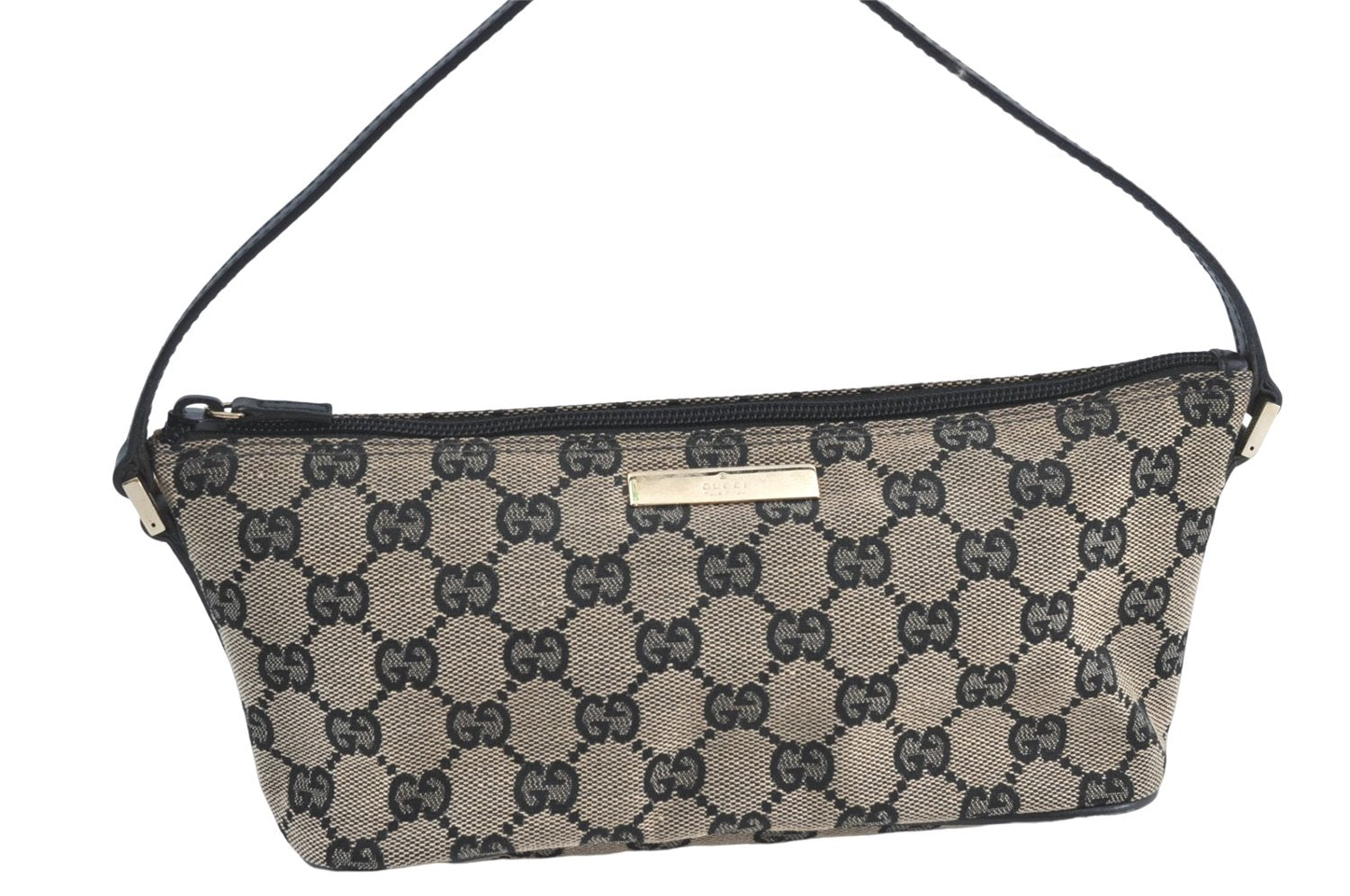 Authentic GUCCI Hand Bag Pouch Purse GG Canvas Leather 0391103 Navy Blue 3717C