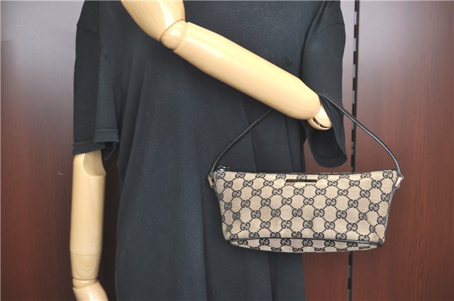 Authentic GUCCI Hand Bag Pouch Purse GG Canvas Leather 0391103 Navy Blue 3717C