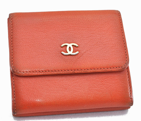 Authentic CHANEL Calf Skin CoCo Mark Trifold Wallet Purse Orange Junk 3736F