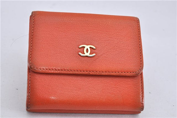 Authentic CHANEL Calf Skin CoCo Mark Trifold Wallet Purse Orange Junk 3736F