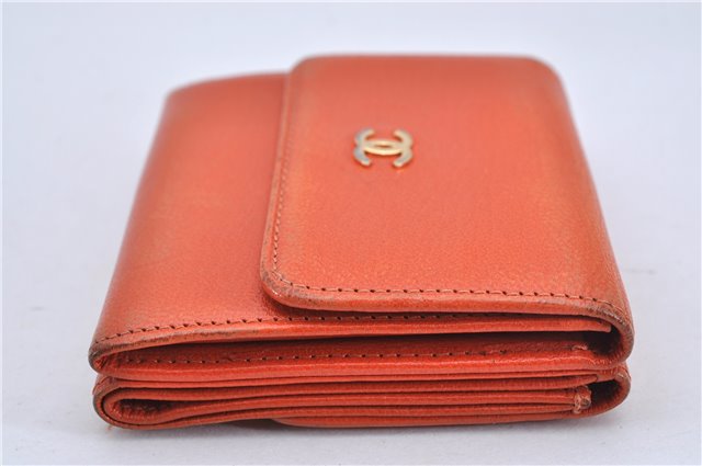 Authentic CHANEL Calf Skin CoCo Mark Trifold Wallet Purse Orange Junk 3736F