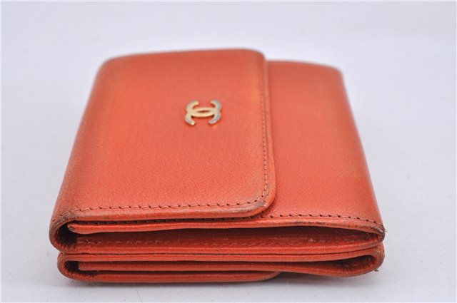 Authentic CHANEL Calf Skin CoCo Mark Trifold Wallet Purse Orange Junk 3736F