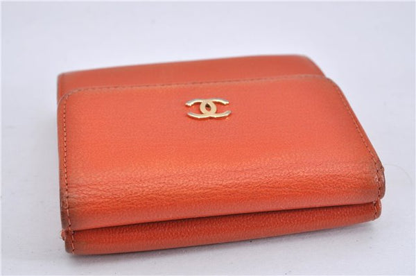 Authentic CHANEL Calf Skin CoCo Mark Trifold Wallet Purse Orange Junk 3736F