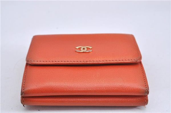 Authentic CHANEL Calf Skin CoCo Mark Trifold Wallet Purse Orange Junk 3736F