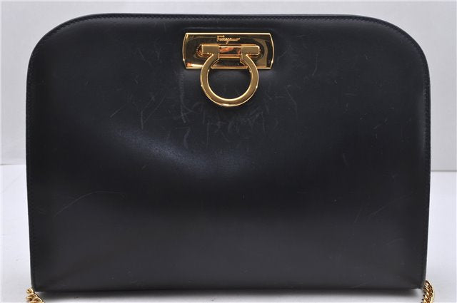 Auth Ferragamo Gancini Leather Chain Shoulder Cross Body Bag Navy Blue 3738D