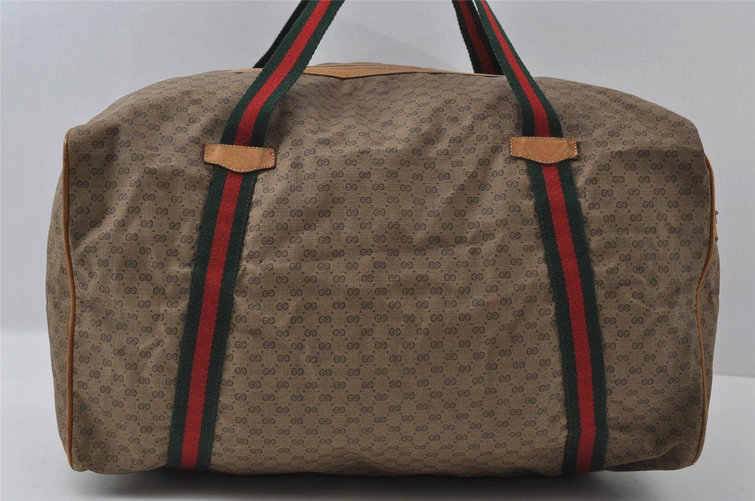 Authentic GUCCI Web Sherry Line Micro GG PVC Leather Boston Bag Brown 3753I