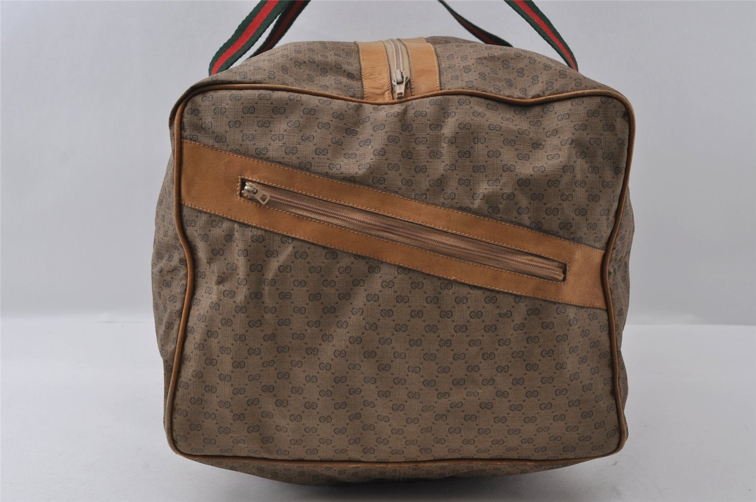 Authentic GUCCI Web Sherry Line Micro GG PVC Leather Boston Bag Brown 3753I