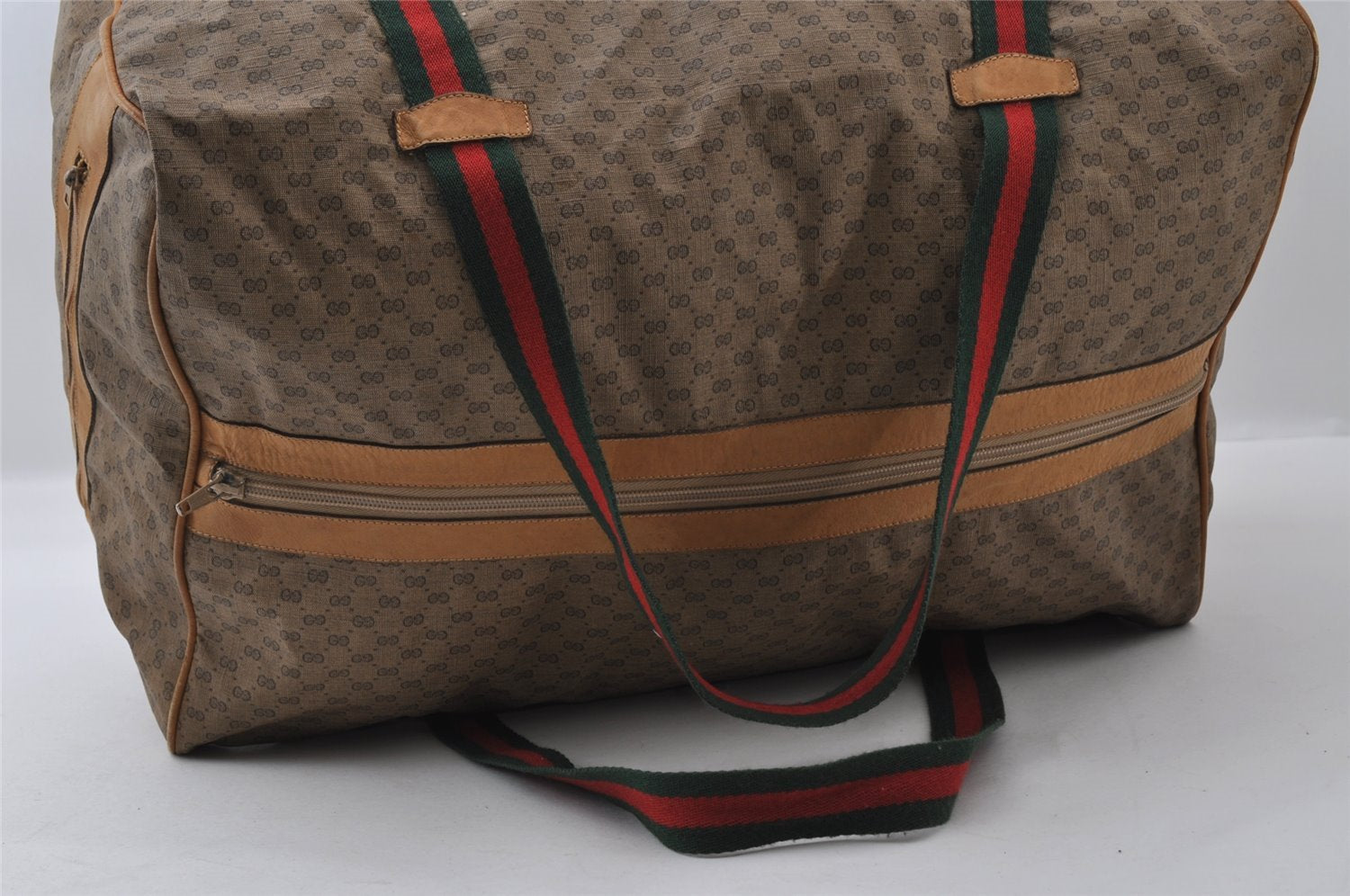 Authentic GUCCI Web Sherry Line Micro GG PVC Leather Boston Bag Brown 3753I