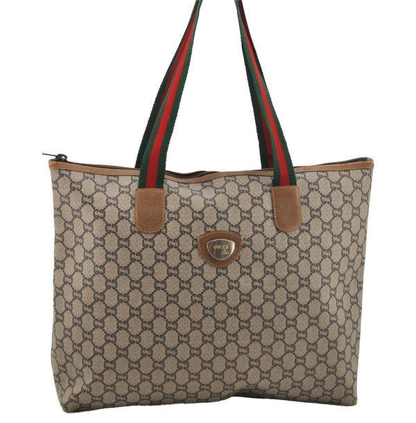 Authentic GUCCI Web Sherry Line GG Plus GG PVC Leather Tote Bag Brown 3769I