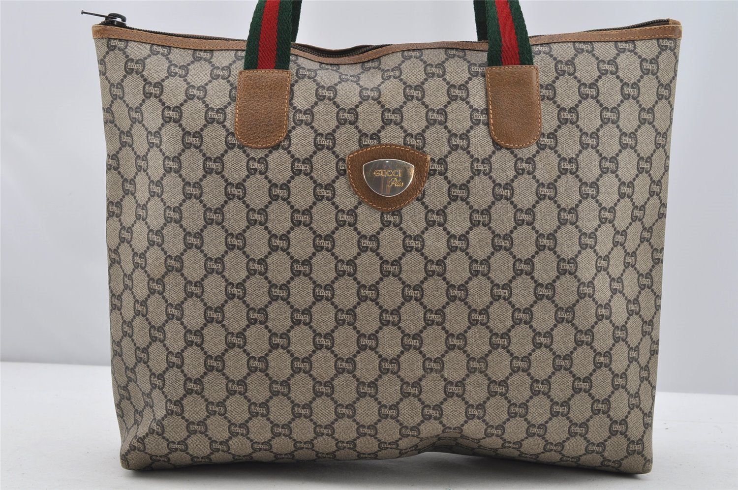 Authentic GUCCI Web Sherry Line GG Plus GG PVC Leather Tote Bag Brown 3769I