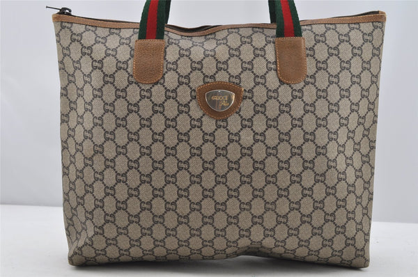 Authentic GUCCI Web Sherry Line GG Plus GG PVC Leather Tote Bag Brown 3769I