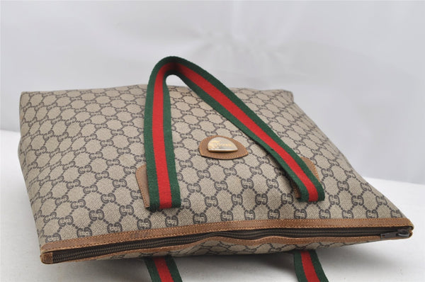 Authentic GUCCI Web Sherry Line GG Plus GG PVC Leather Tote Bag Brown 3769I