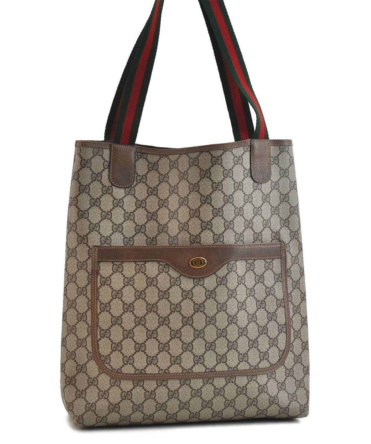 Authentic GUCCI Web Sherry Line Shoulder Tote Bag GG PVC Leather Brown 3777D