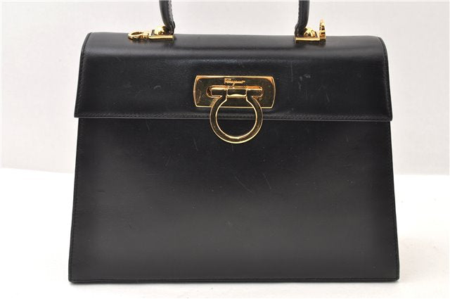 Authentic Ferragamo Gancini Leather 2 Way Shoulder Hand Bag Purse Black 3782F