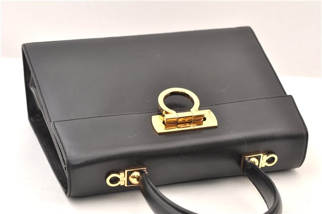 Authentic Ferragamo Gancini Leather 2 Way Shoulder Hand Bag Purse Black 3782F