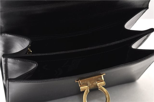 Authentic Ferragamo Gancini Leather 2 Way Shoulder Hand Bag Purse Black 3782F