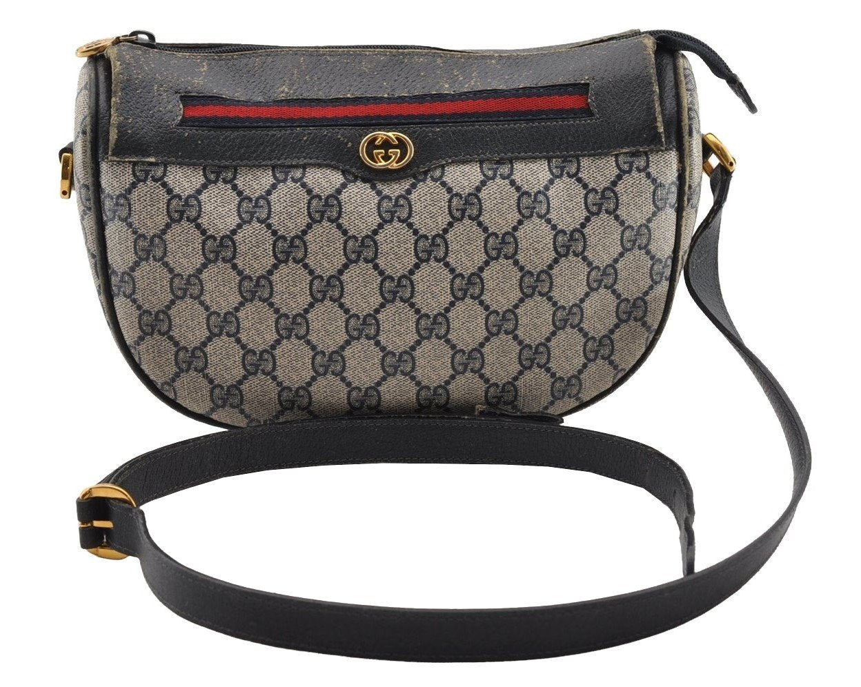 Authentic GUCCI Sherry Line Shoulder Bag GG PVC Leather Navy Blue Junk 3782I