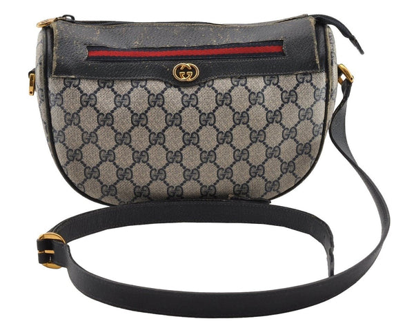 Authentic GUCCI Sherry Line Shoulder Bag GG PVC Leather Navy Blue Junk 3782I