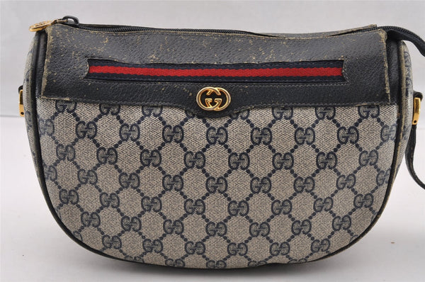 Authentic GUCCI Sherry Line Shoulder Bag GG PVC Leather Navy Blue Junk 3782I