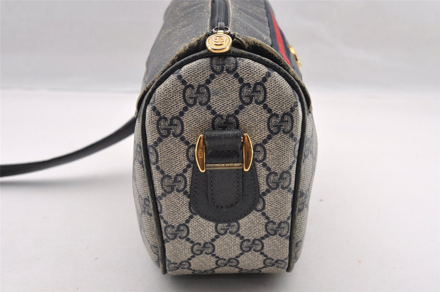 Authentic GUCCI Sherry Line Shoulder Bag GG PVC Leather Navy Blue Junk 3782I