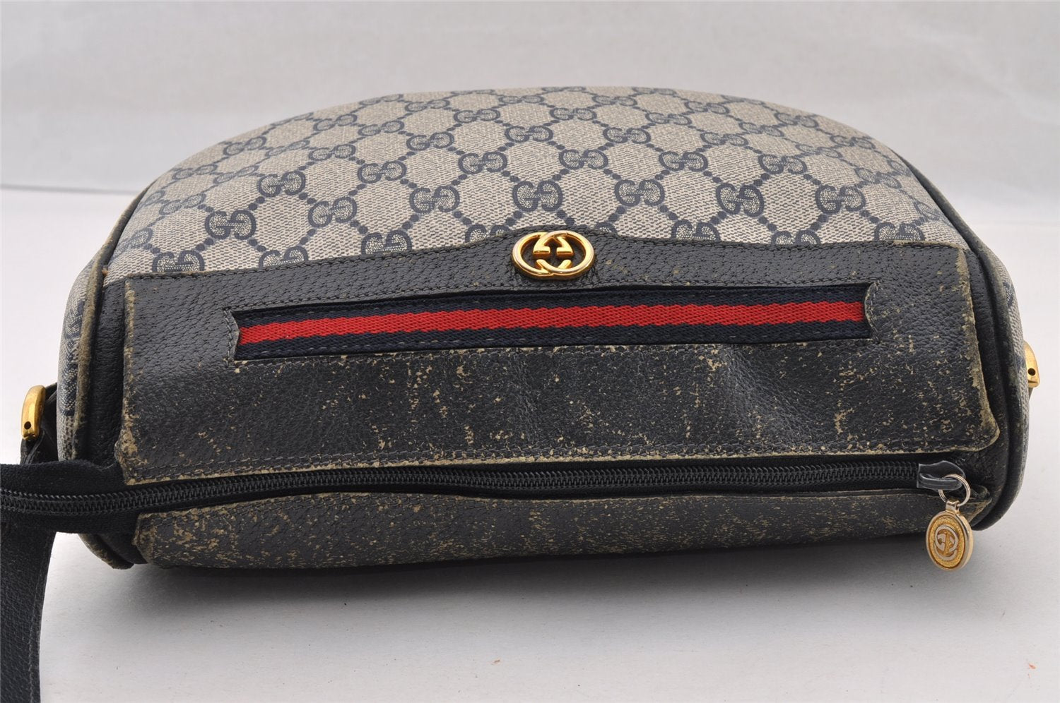 Authentic GUCCI Sherry Line Shoulder Bag GG PVC Leather Navy Blue Junk 3782I