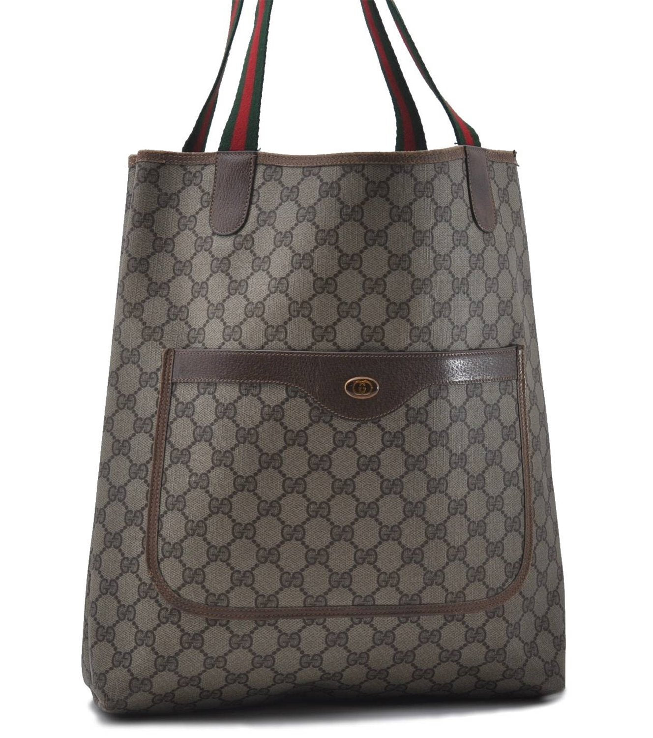 Authentic GUCCI Web Sherry Line Shoulder Tote Bag GG PVC Leather Brown 3787D