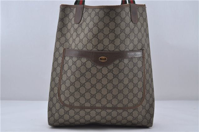 Authentic GUCCI Web Sherry Line Shoulder Tote Bag GG PVC Leather Brown 3787D