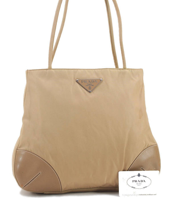 Authentic PRADA Tessuto Easy Nylon Leather Shoulder Tote Bag BR1550 Beige 3814C