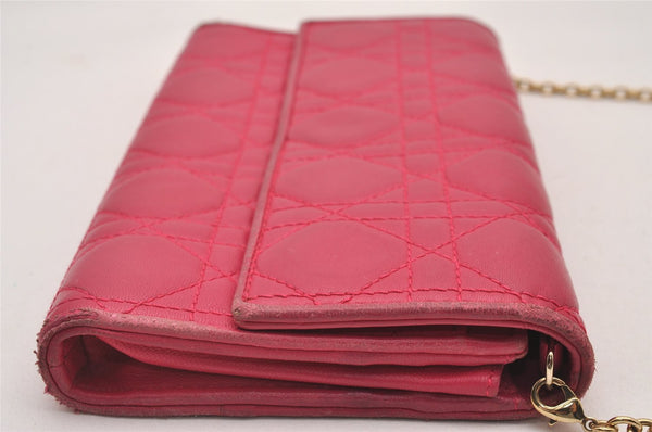 Authentic Christian Dior Cannage Leather Chain Shoulder Long Wallet Pink 3849I