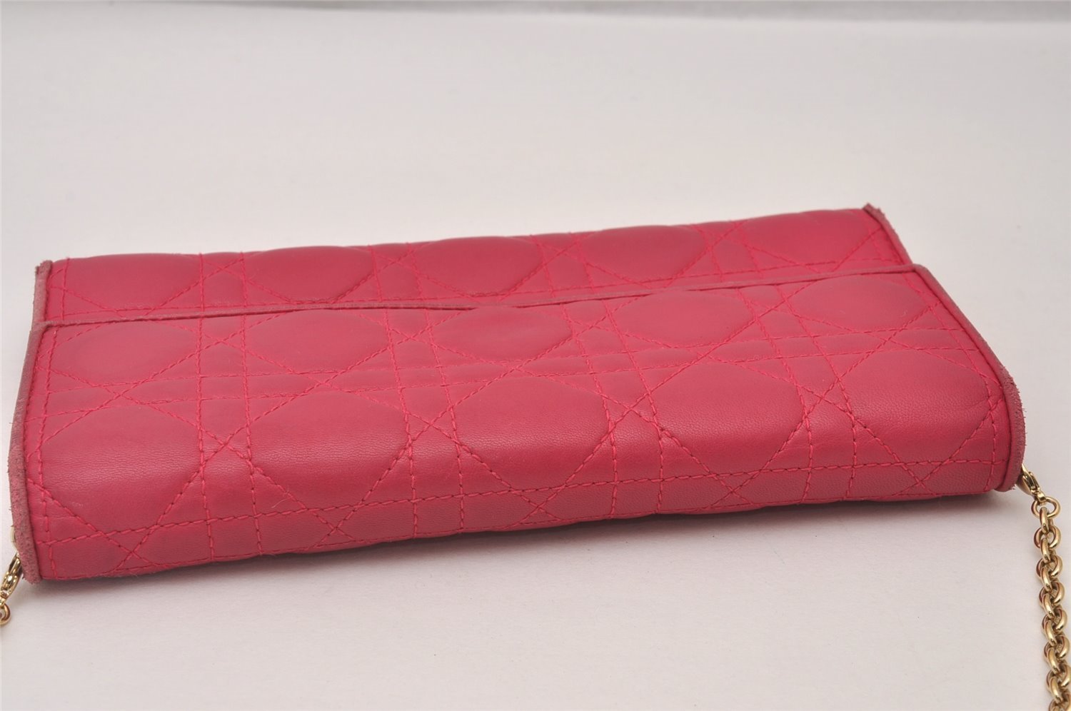 Authentic Christian Dior Cannage Leather Chain Shoulder Long Wallet Pink 3849I