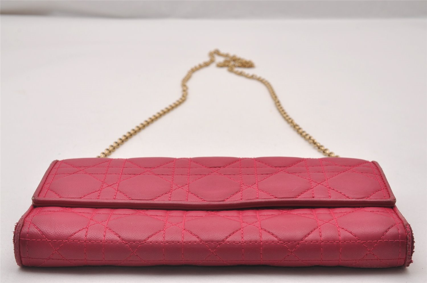 Authentic Christian Dior Cannage Leather Chain Shoulder Long Wallet Pink 3849I