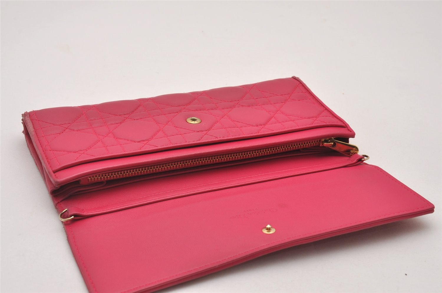 Authentic Christian Dior Cannage Leather Chain Shoulder Long Wallet Pink 3849I