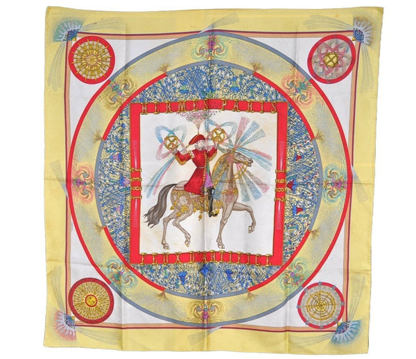 Authentic HERMES Carre 90 Scarf "FEUX D'ARTIFICE" Silk Yellow 3852I