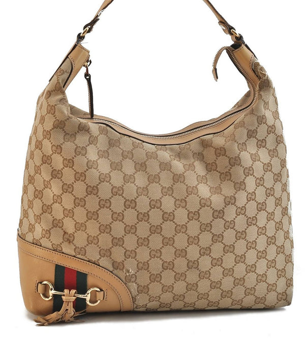 Auth GUCCI Web Sherry Line Horsebit Shoulder Tote GG Canvas Leather Brown 3853D
