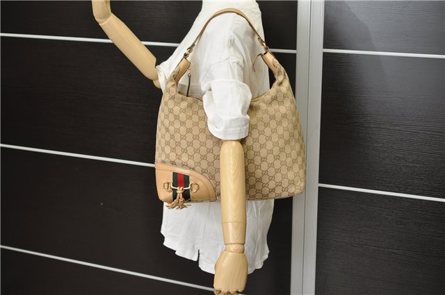 Auth GUCCI Web Sherry Line Horsebit Shoulder Tote GG Canvas Leather Brown 3853D