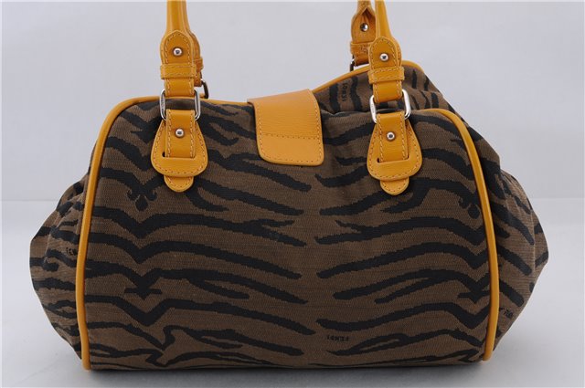 Authentic FENDI Tiger Pattern Shoulder Tote Bag Canvas Leather Brown 3854E