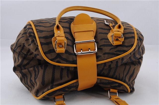 Authentic FENDI Tiger Pattern Shoulder Tote Bag Canvas Leather Brown 3854E