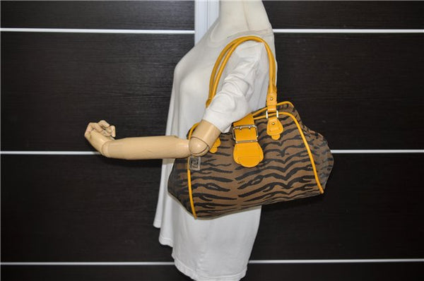 Authentic FENDI Tiger Pattern Shoulder Tote Bag Canvas Leather Brown 3854E