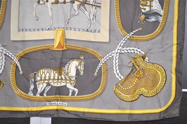 Authentic HERMES Carre 90 Scarf "GRAND APPARAT" Silk Gray 3854I