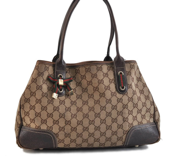 Auth GUCCI Web Sherry Line Princy Ribbon Tote Bag GG Canvas 163805 Brown 3868C