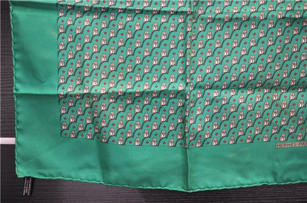 Authentic HERMES Petit Carre 40 Scarf Handkerchief Owl Motif Silk Green 3871E