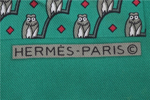 Authentic HERMES Petit Carre 40 Scarf Handkerchief Owl Motif Silk Green 3871E