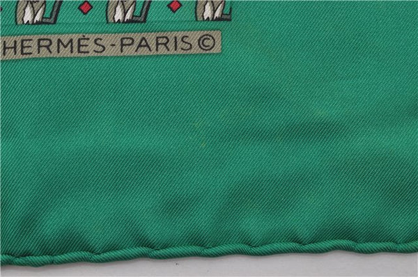 Authentic HERMES Petit Carre 40 Scarf Handkerchief Owl Motif Silk Green 3871E