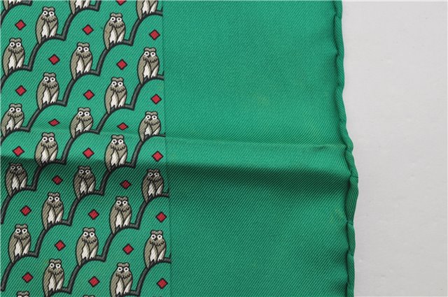 Authentic HERMES Petit Carre 40 Scarf Handkerchief Owl Motif Silk Green 3871E